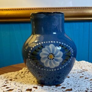 Red ware glazed pot pitcher blue with flower beautiful item vintage